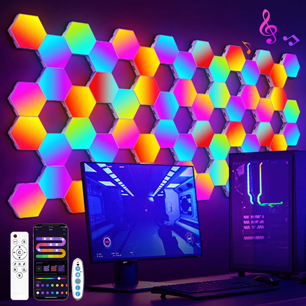 ✨ Hexagon LED Wall Light Panels – Smart RGB Lights 🎮 with APP & Music Sync 📱